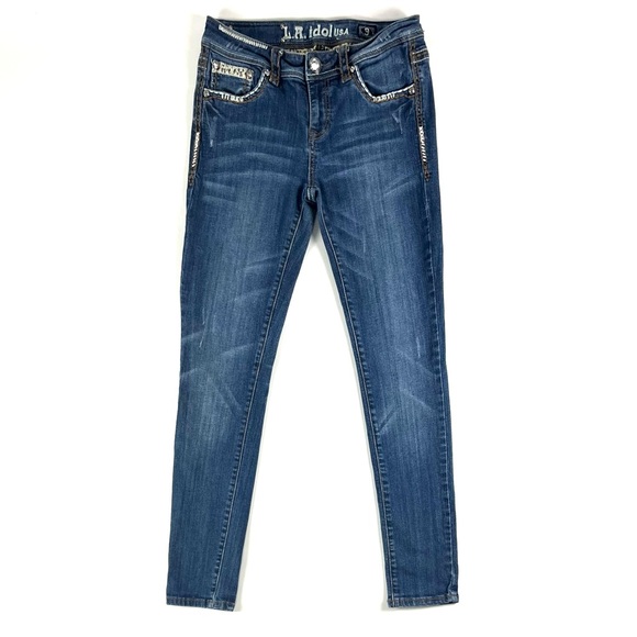 LA Idol USA Leopard Pocket Rhinestone Studded Medium Wash Skinny Jeans - Picture 2 of 9